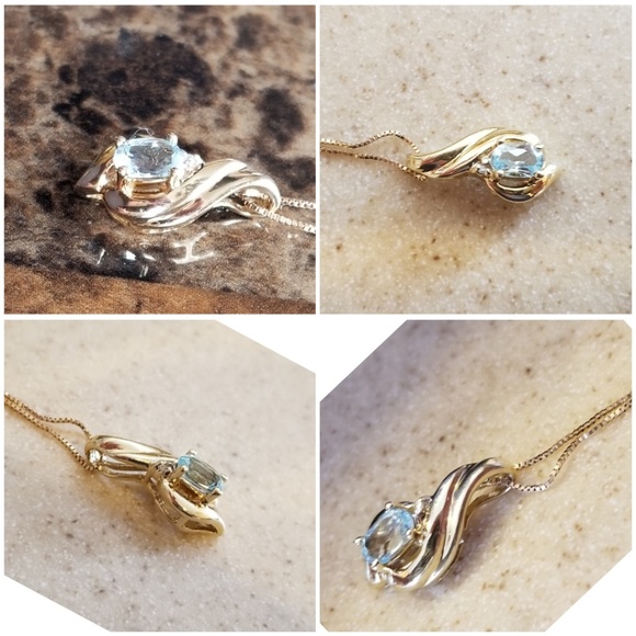 Genuine 10k Yellow Gold, with 1ct Aquamarine & Diamond 10k Gold Necklace - Picture 2 of 5